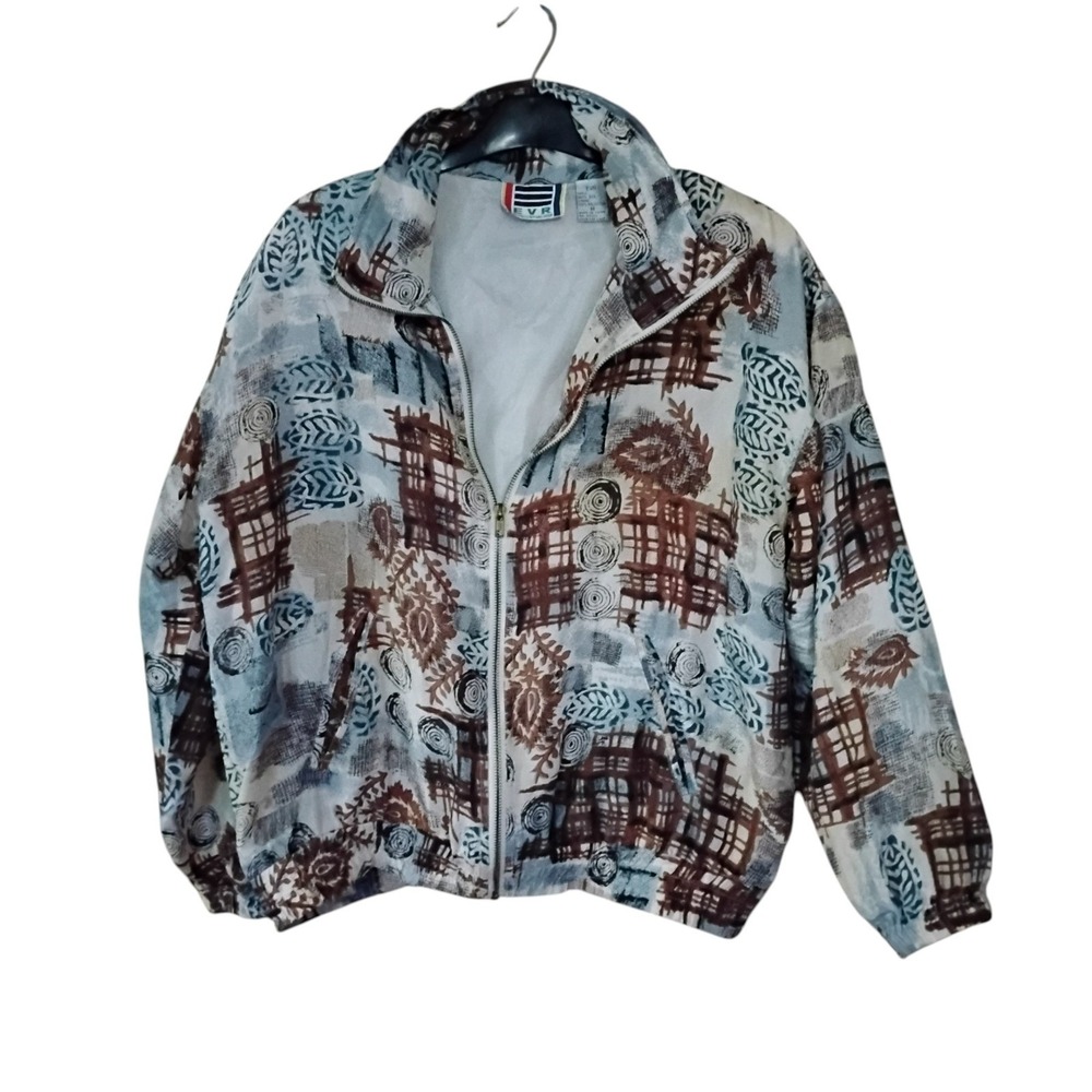 Vintage EVR Rousso Silk Bomber Jacket M Abstract Print Blue Brown Windbreaker